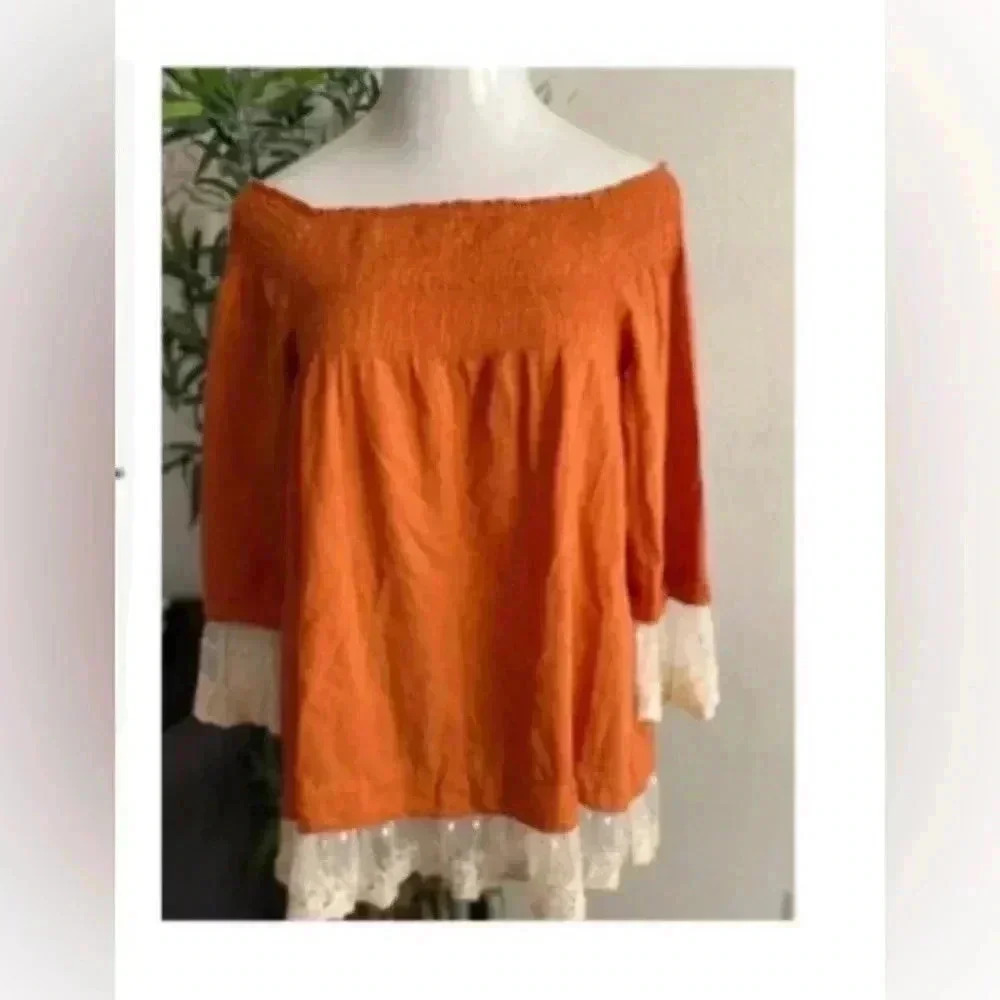 🆕Free People Tea Combo Rust Long Sleeve Smocked Off Shoulder Tunic Lace Edge M🆕 - Picture 4 of 9